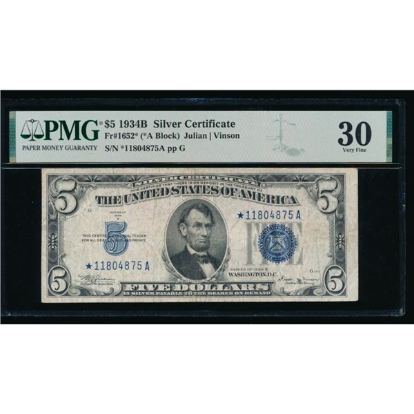 1934B $5 STAR Silver Certificate PMG 30