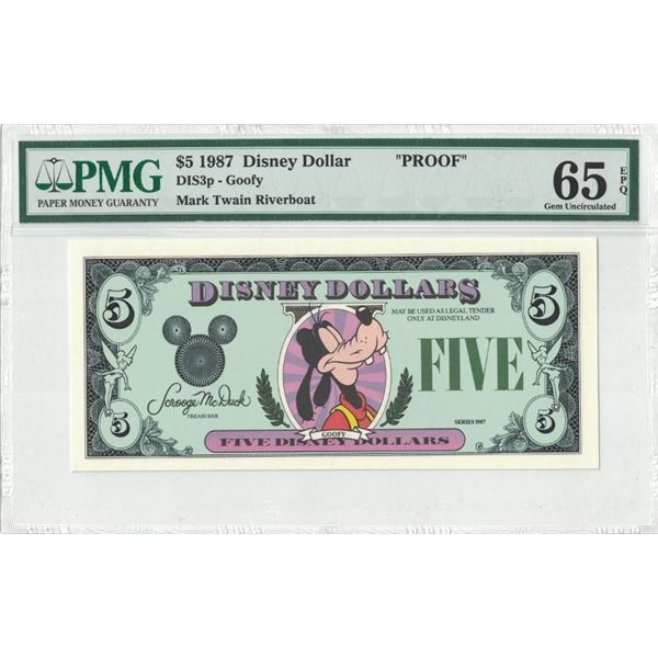 1987 $5 Goofy Proof Disney Dollar PMG 65EPQ