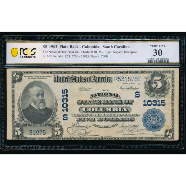 1902 $5 Columbia SC National PCGS 30