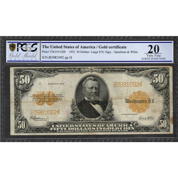 1922 $50 Gold Certificate PCGS 20