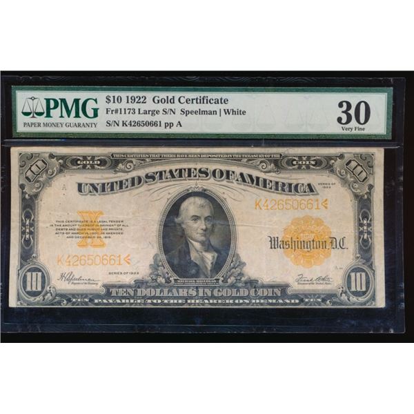 1922 $10 Gold Certificate PMG 30