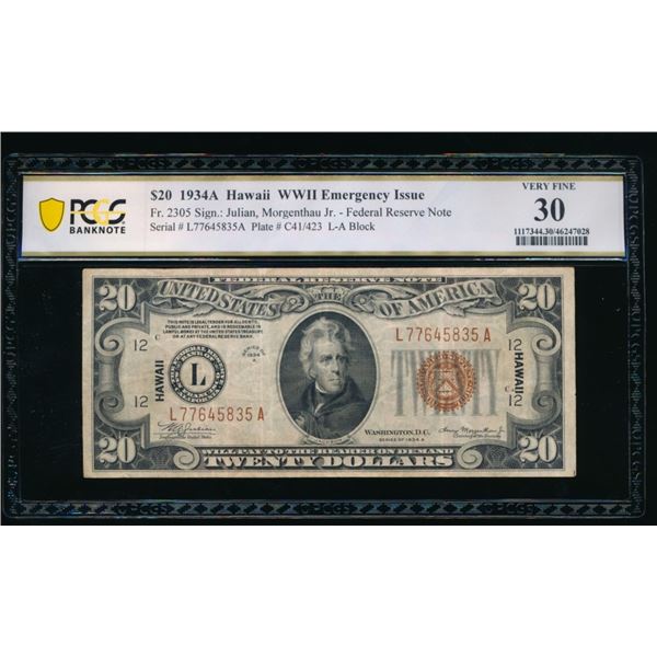 1934A $20 Hawaii FRN PCGS 30