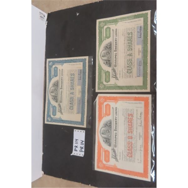 3 Vintage Shea's Winnipeg Brewery Stock/ Share Certificates