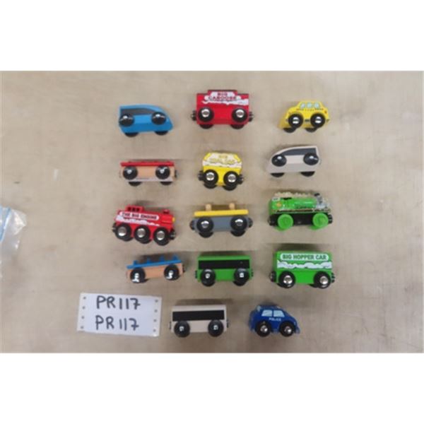 Assorted Wood with Magnet Train Cars, Percy Engine, a couple Cars - Thomas Tank Engine Style