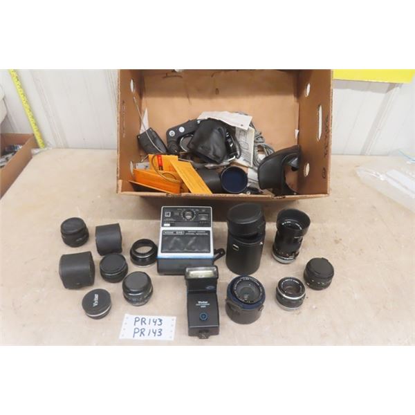 assorted Camera Lenses, Kodak Camera, Flash, Cases + Misc. Goodies n Box