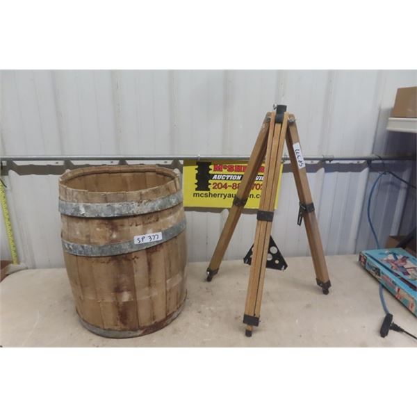 Wooden Barrel 15  w by 20  Tall & Tripod