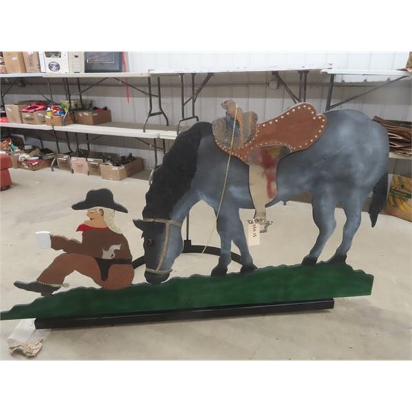 Metal + Wood Art- Cowboy with Horse on Large Base 51 ×90 