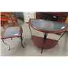 Image 1 : 2 Wrought Iron + Wood with Tile Top Tables - Smaller 18" x 18" x 20" . 1/2 Moon is 18" x 30" x 36" 