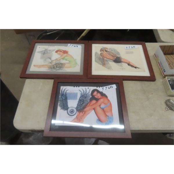 3 Vintage Pin Up Girl Calendar Pages - Framed - 1947 / 49/ /50 , 12.5" x 15.5" 
