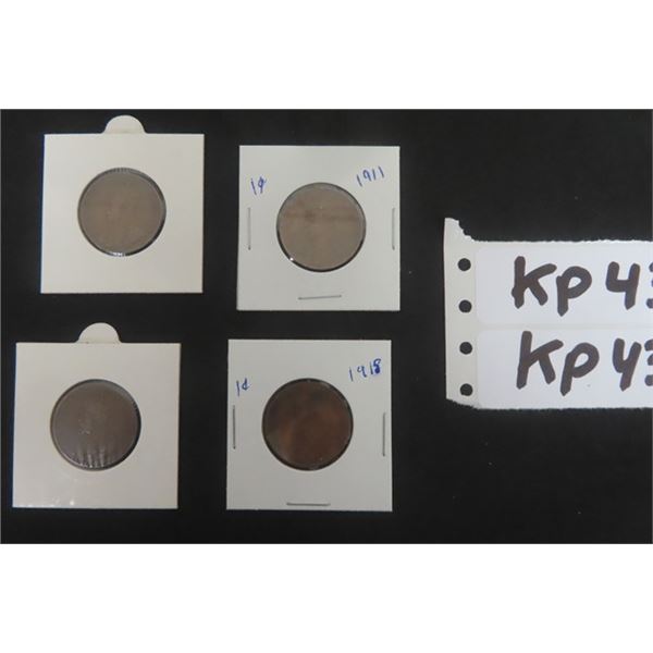 Lot of 4 Canada Large Cents ; 1911, 1913, 1916, 1918