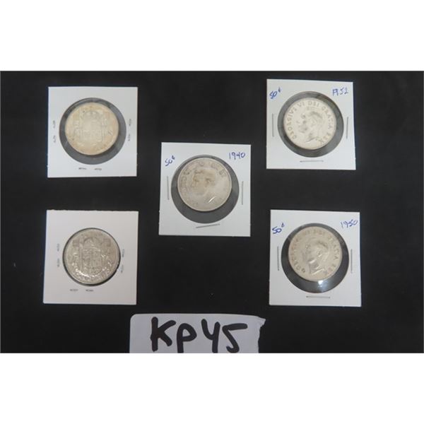 5 Canadian 50 Cent Coins ; 1940, 1950 + (3) 1952
