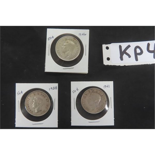 3 Canadian 50 cent Coins ; 1938, 1941, 1946