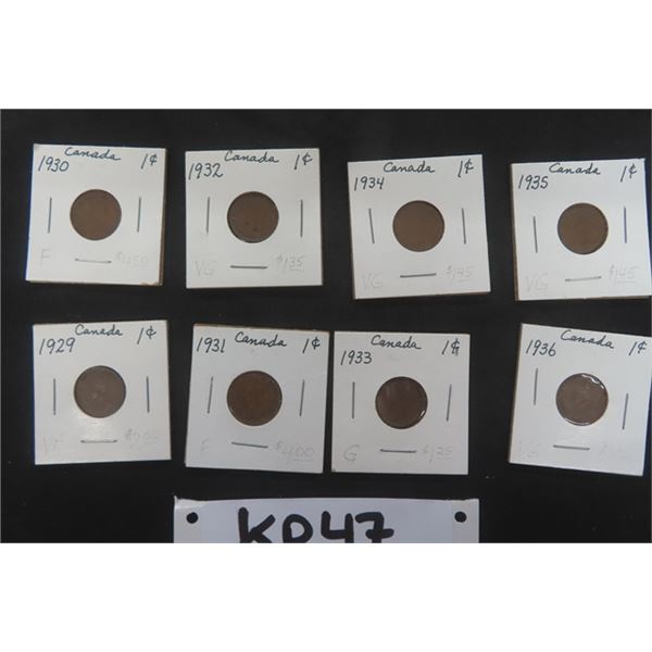8 Canadian 1 cent Coins ; 1926 - 1936