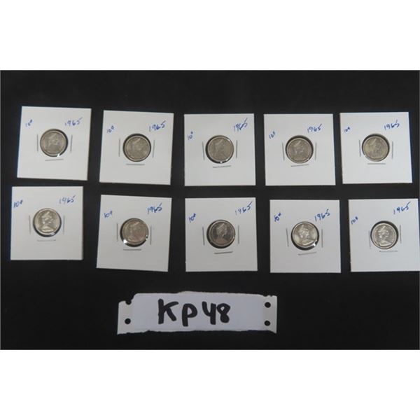 (10) 1965 Canadian 10 cent Coins