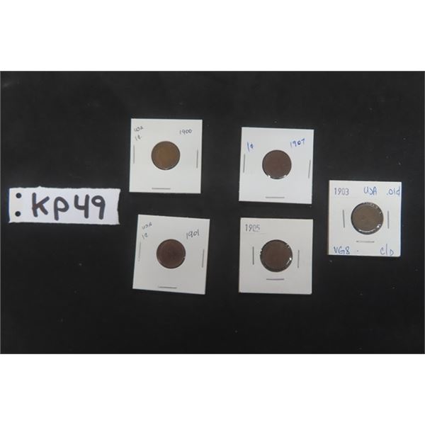 Lot of 5 USA Indian Head Pennies ; 1900, 1901, 1903, 1905, 1907