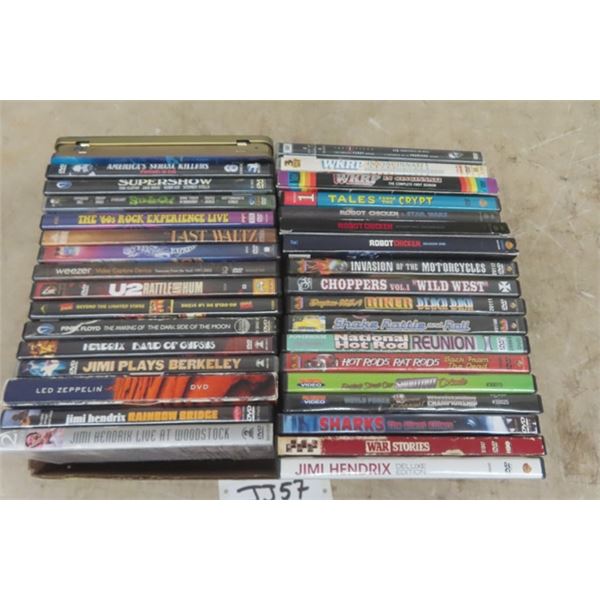34 Assorted DVDs ; Jimi Hendrix, 60's Rock, Hot Rods, Robot Chicken, WKRP plus more