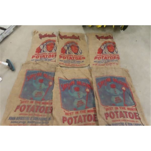 3 Snowman Potato Sacks + 3 Northern Chief Potato Sacks - 100lbs Burlap Sacks - North Dakota