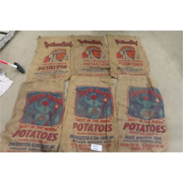 3 Snowman Potato Sacks + 3 Northern Chief Potato Sacks - 100lbs Burlap Sacks - North Dakota
