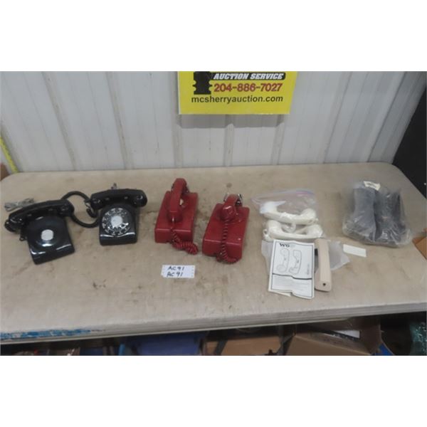 5 Assorted Phones ; 1 Black Dial Phone, 1 Black Intercom Phone, 2 Red Wall Intercom Phones, 3 Amplif