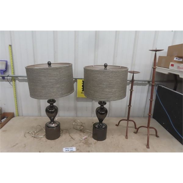 Pair of Metal Table Lamps with Shades, 2 Metal Candle Stands - Tallest 35" 