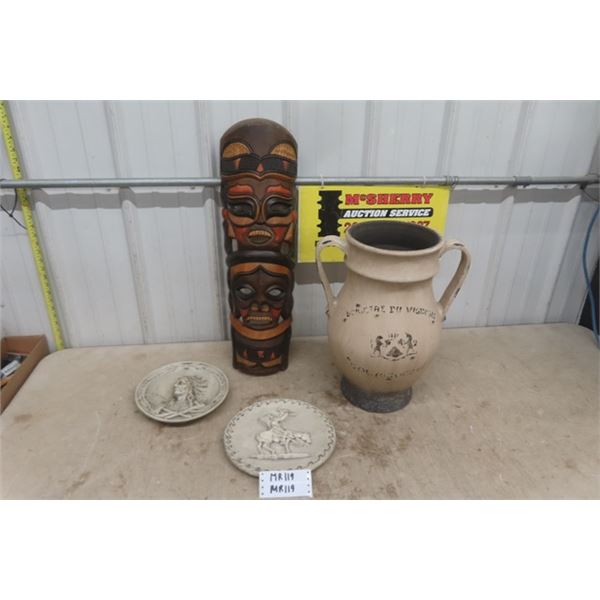 Tribal Mask Wall Art 27" Tall - Ceramic Urn/ Vase, 2 Ceramic Indigenous Art Items
