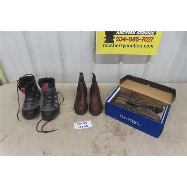 3 Pairs Footwear New - Sz 12 George Brown Shoes, Sz 6.5 Soda Brown Boots, Used Red Stone Sz 9 Boots