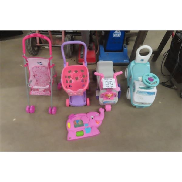 Assorted Kids Toys;  2 Ride Ons, 1 Stroller, 1 Push Cart, Elephant Toy