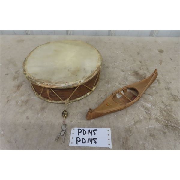 Birch Bark Drum + Small Birch Bark Canoe