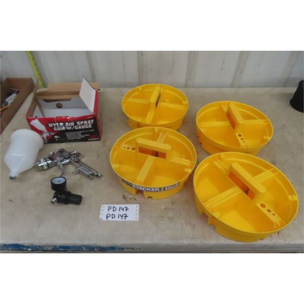 Hulp Air Spray Gun with Gauge in Box, 4 Stacker Tool Carriers, Bucket Stacker, Pair of Splash Guards