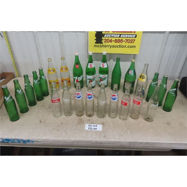 25 Assorted Pop Bottles ; 7Up, Sprite, Pepsi, Coke, Canada Dry