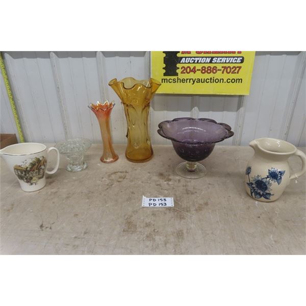Assorted Pitchers + Vases ; Pottery - Colored Glass