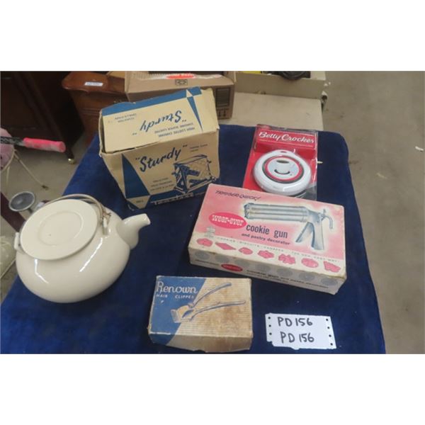 Sturdy Drop Side Toaster in Box, Wear- Ever Cookie Gun in Box, Renown Hair Clippers in Box, Tea Pot