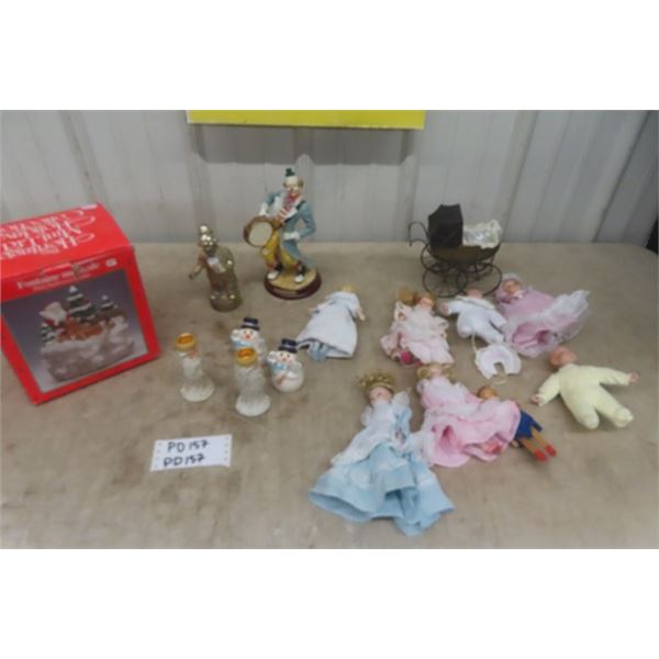 Assorted Dolls, Clown Figure, Santa Musical Water Fountain, Clown Bank plus more