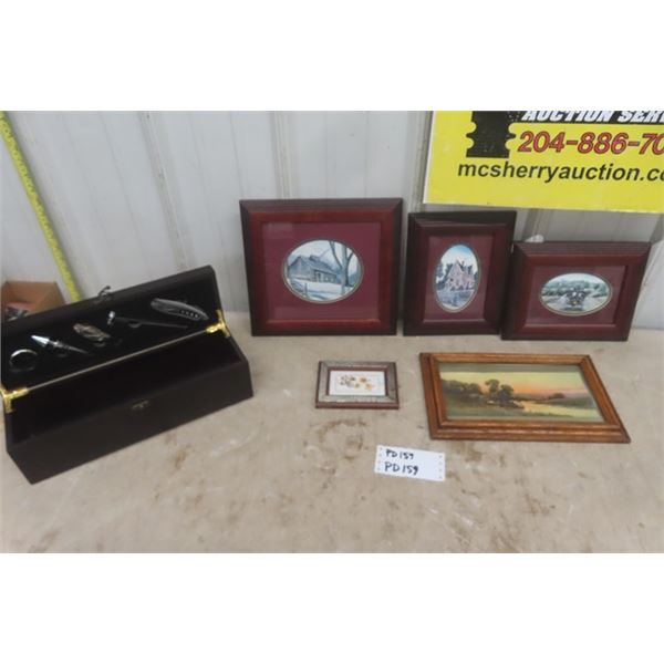 5 Small Framed Pictures ; 3 by Catherine Harris Mann + Box with Bar Utensils