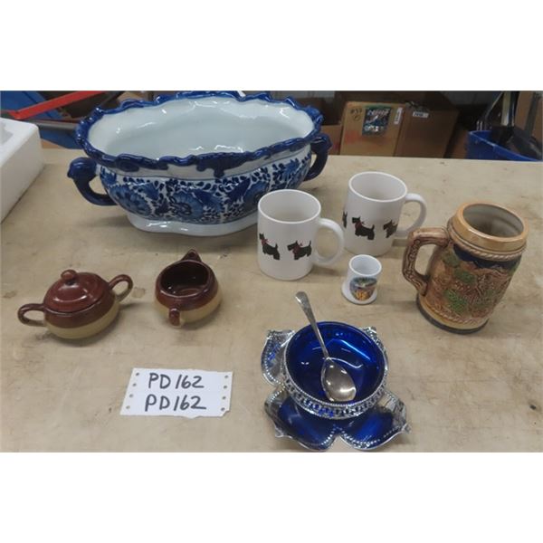 Large Ceramic Serving Bowl, Scotty Mugs, Stein, Sugar + Creamer