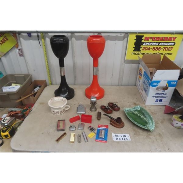 Smoking Lot- Mid Century Ashtray Stands 20" Tall, Lighters, Ashtrays plus more