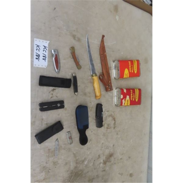 Knives + Vintage Rifle Powder Tins ( empty)