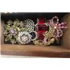 Image 3 : 35 + Rhinestone Brooches in Wooden Jewelry Box