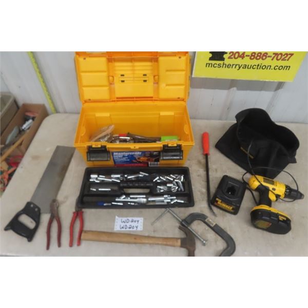 DeWalt 18V Cordless Drill with Charger + Battery + Case - Tested & Mastercraft Tool box with Assorte