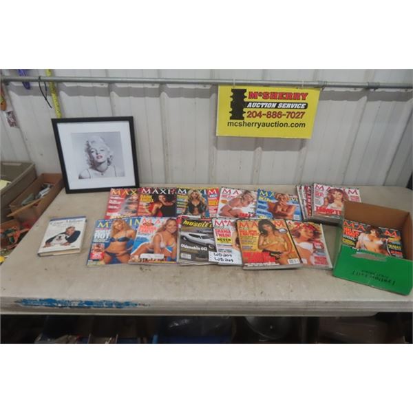 Box of Maxim Magazines, Marilyn Monroe Framed Picture 14" X 14" 