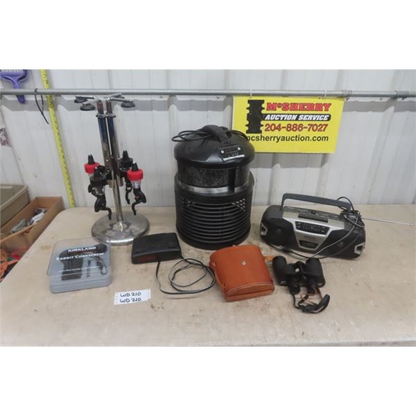 4 Bottle Liquor Dispenser, Filter Queen Defender Air Purifier, Clock Radio, Binoculars plus more