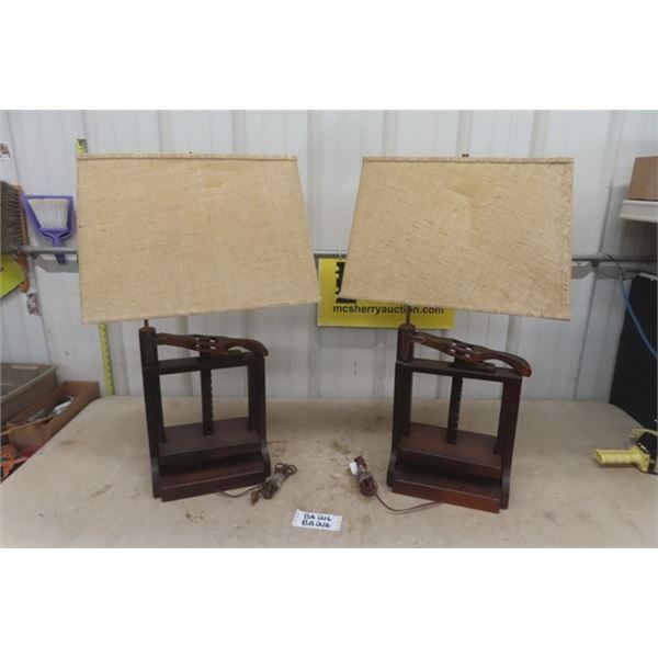 Pair of Wooden Table Lamps with Shades - Primitive Wood Press Style