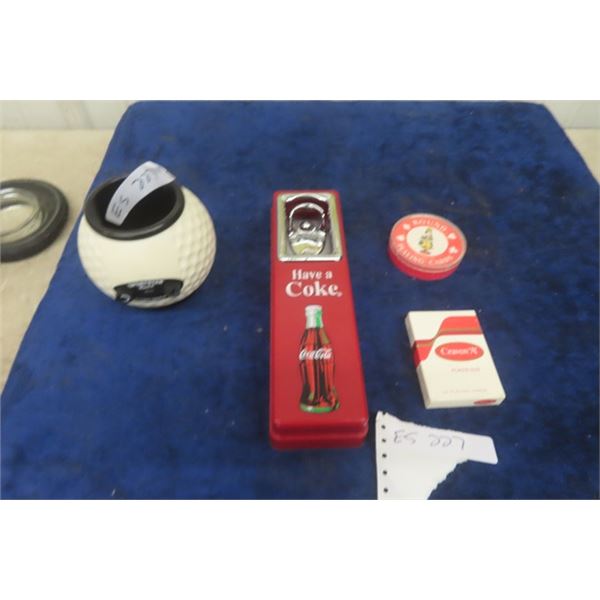 Coke Bottle Opener + Catch, Playing Cards, Golf Ball Radio