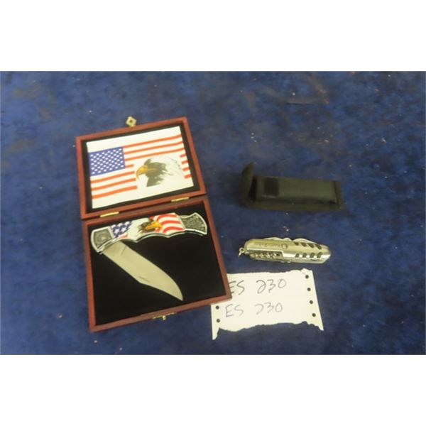 Eagle Handled Folding Knife with Wooden Case + Multi Blade Pocket Knife