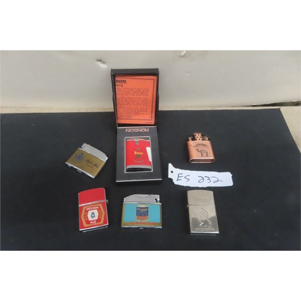 6 Lighters with Advertising ; Ronson Burns with Case, Vintage Sunlite with Crosbys Molasses Advertis