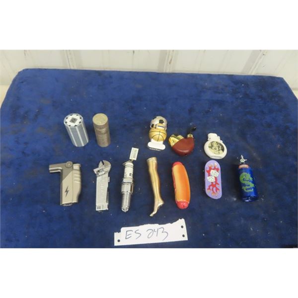 12 Character Lighters ; Leg, Tools, Poker Chips, Roll of Coins plus Others