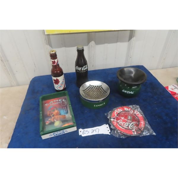 Skoal Spatoon, Export 'A' Ashtray, Coca-Cola Ashtray, Camel Ashtray + Molson Canadian Lighter, Coca-