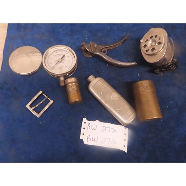 Westinghouse Gauge with Cover, Pencil Sharpener, Saw Setter, Colgate Shaving Stick Container plus mo