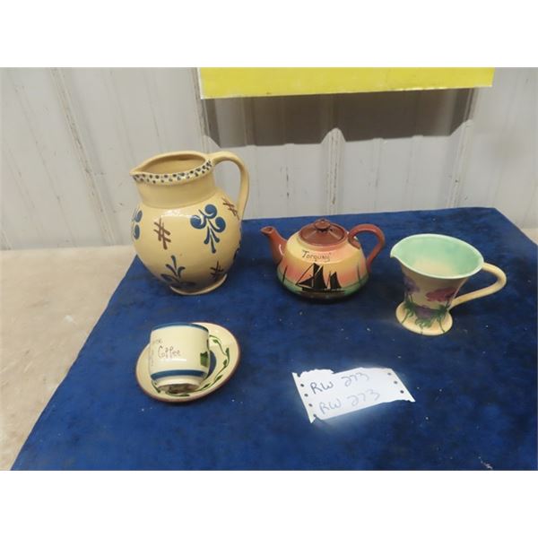 Pottery Pitcher Tea Pot, Cream + Sugar Set plus more