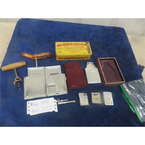 Millbank Cigarette Tin, Cigarette Holder, Wine Cork Opener, Lighters: Ronson, Zippo, Thorens, Grinde